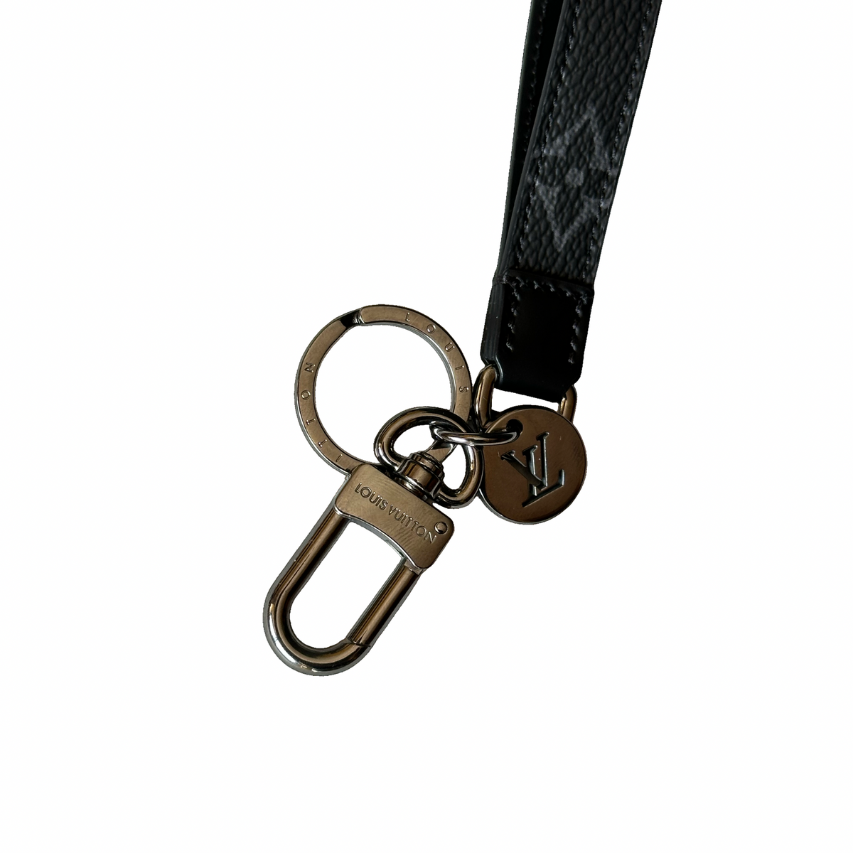 Louis Vuitton keychain with black strap on a white background