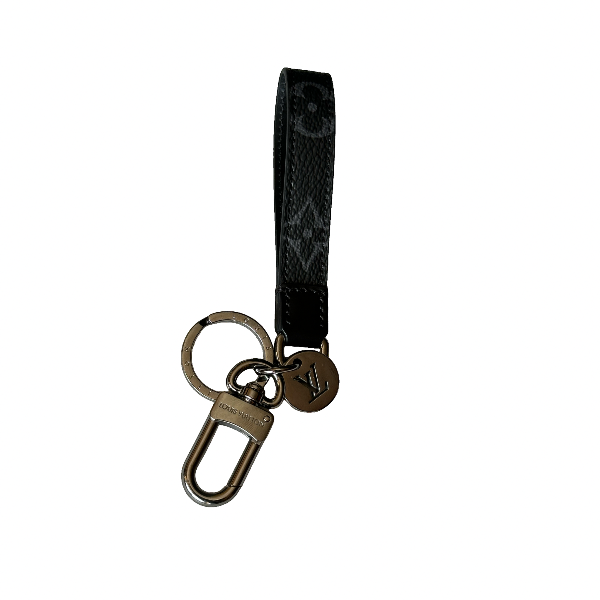 Black keychain with metal clasp and logo on a white background