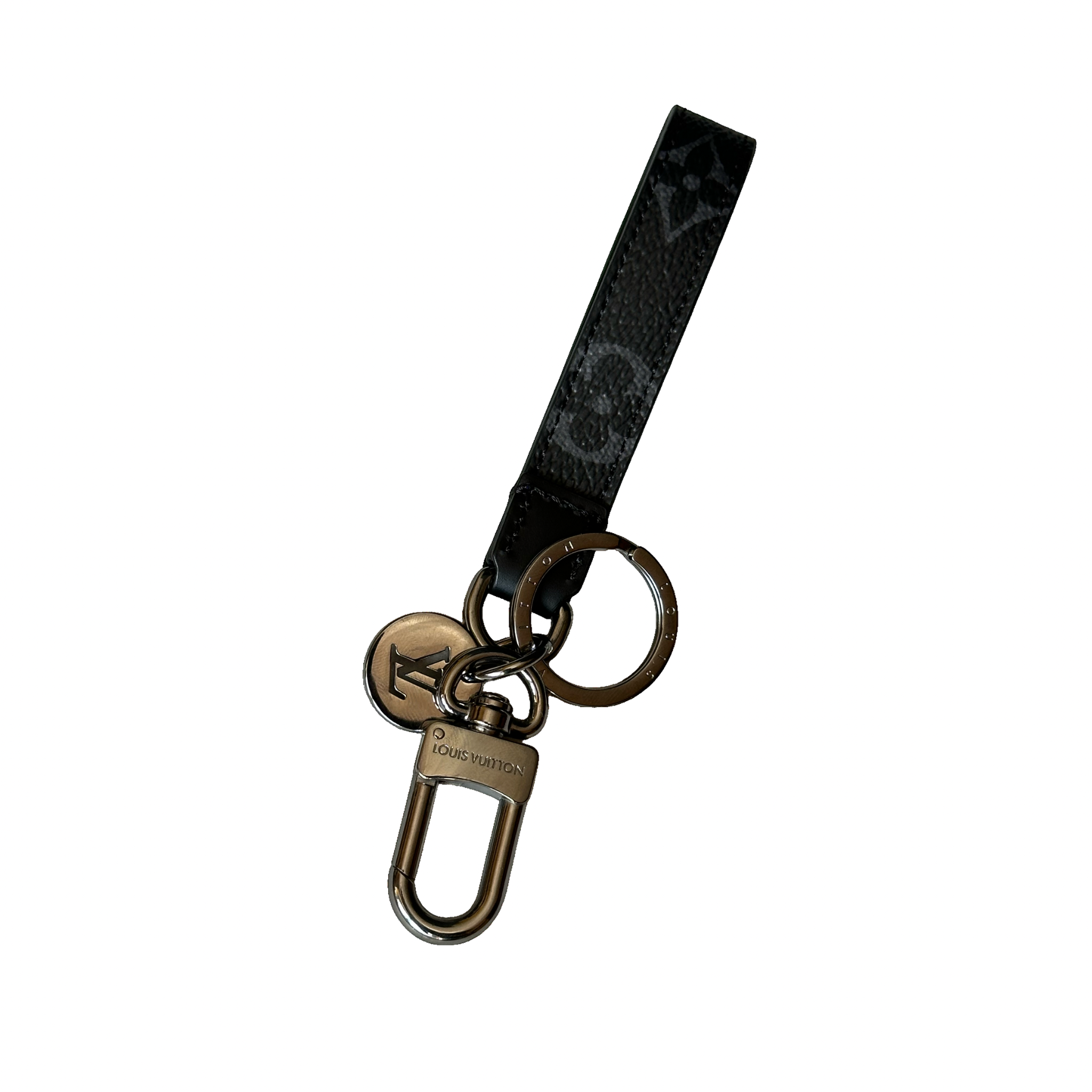 Black keychain with metal clasp and tags on a white background